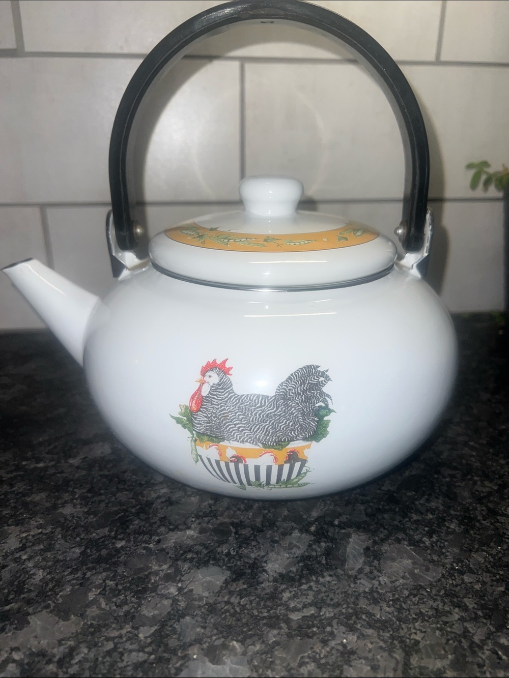 White Ceramic Teapot with Rooster Motif and Black Handle. Looks new without tags